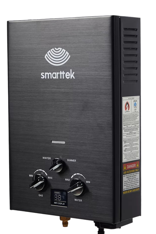Black water heater with 'smarttek' branding on a white background