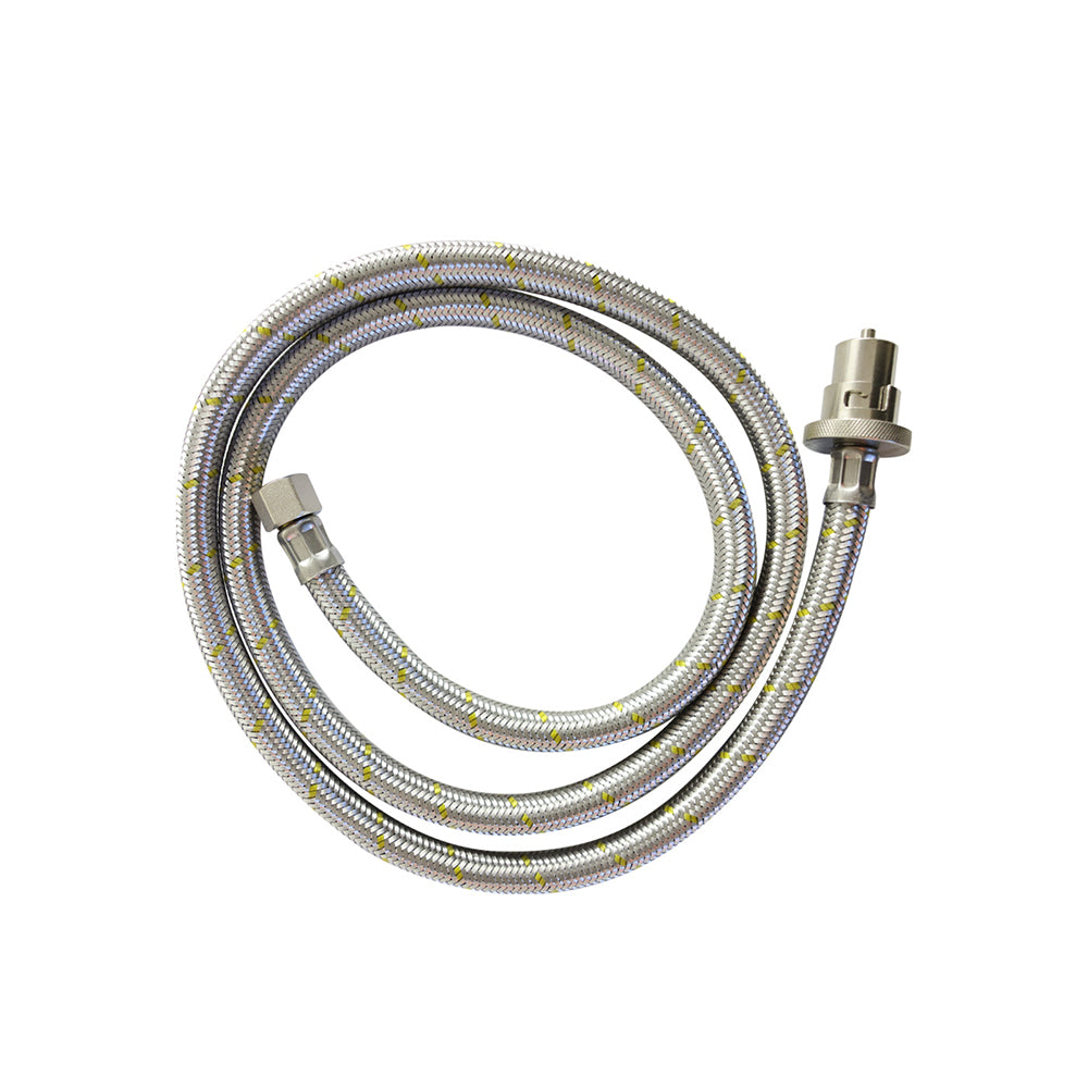 Smarttek 1.5 metre stainless steel braided bayonet gas hose coiled with bayonet fitting.