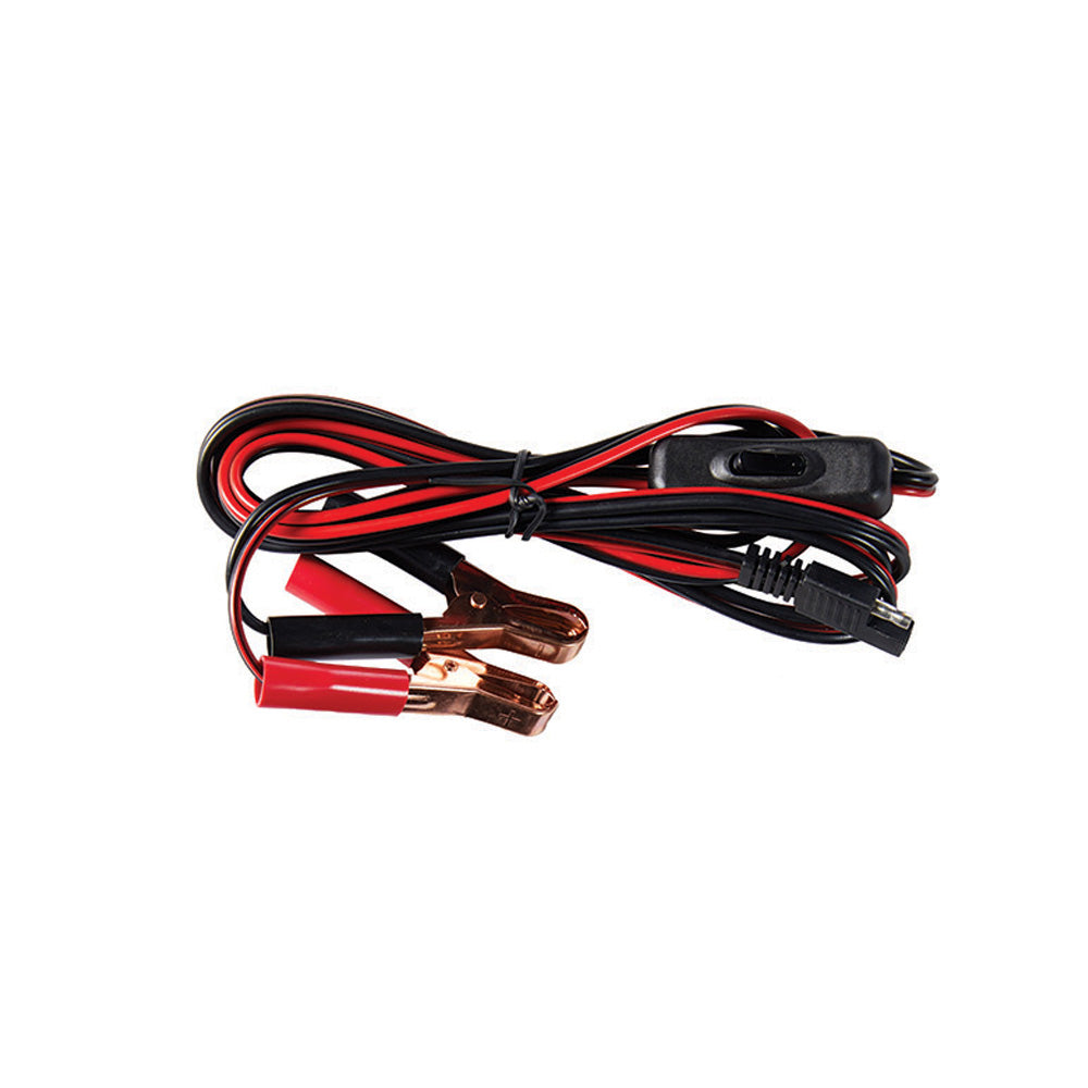 Smarttek 12V power lead with red and black alligator clips and inline on/off switch, used to power compatible Smarttek accessories from a 12V battery.