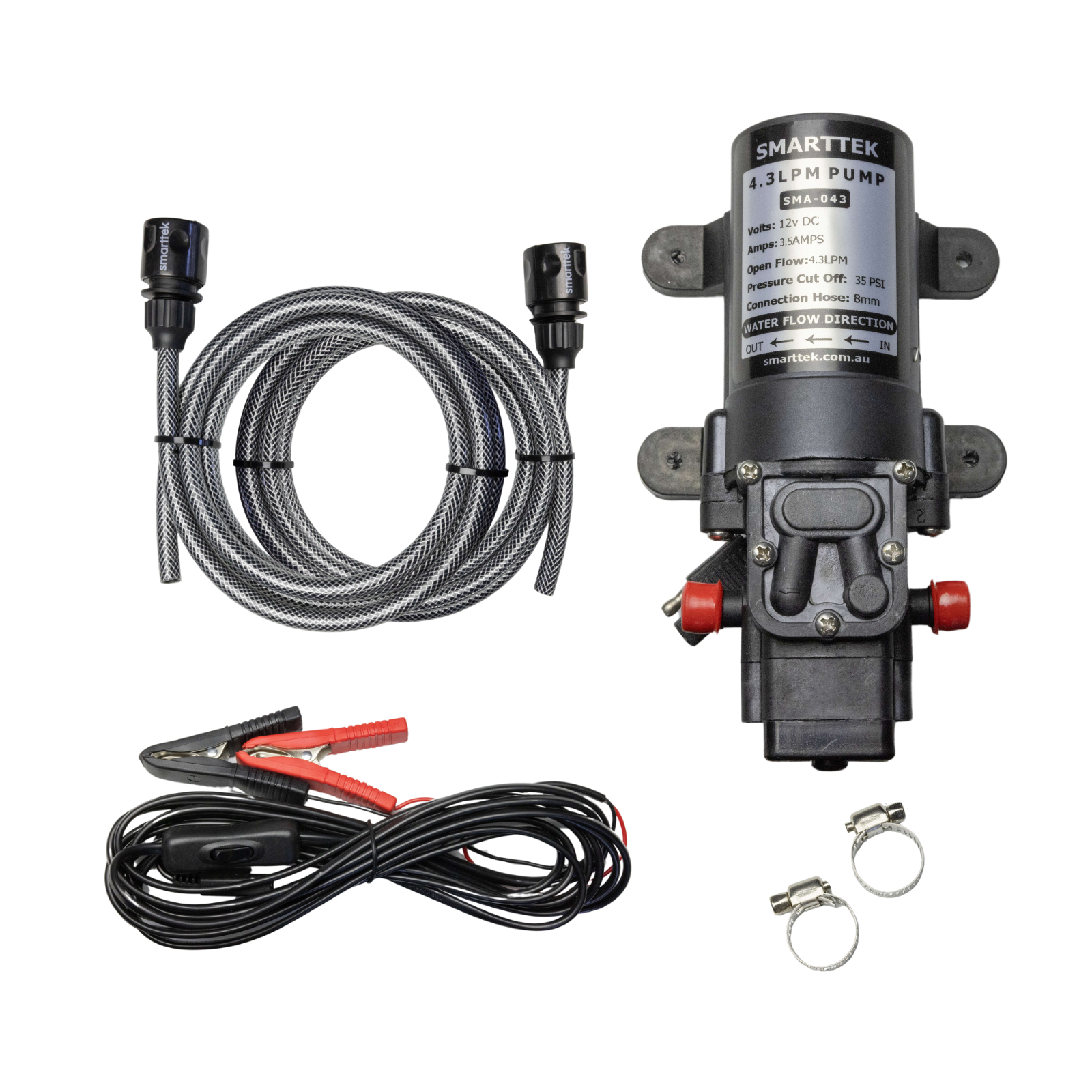 Smarttek 4.3LPM pump pack including water pump, inlet hose, 12V power lead with alligator clips, and hose clamps.