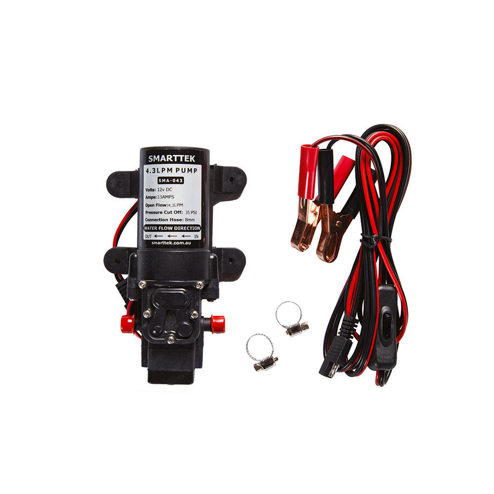 Smarttek 4.3LPM water pump, including pump, 12V power lead with alligator clips, inline switch, and hose fittings.