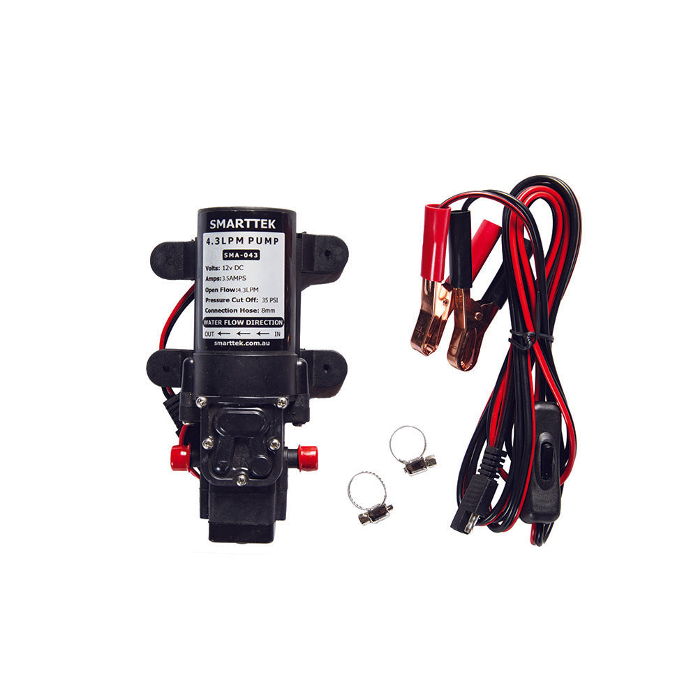 Smarttek 4.3LPM water pump, including pump, 12V power lead with alligator clips, inline switch, and hose fittings.