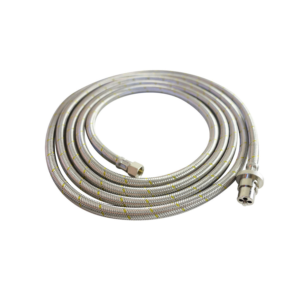 Smarttek 4 metre stainless steel braided bayonet gas hose coiled with bayonet fitting.