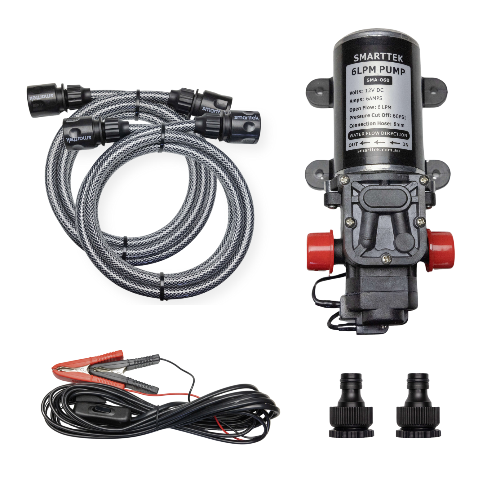 Smarttek 6LPM pump pack including self-priming pump, power cable with switch and alligator clamps, pump hoses, and water connectors.
