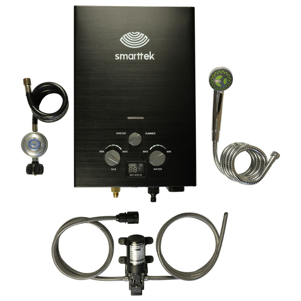 Smarttek Black 4.3LPM portable hot water system kit with shower rose, pump, hoses, and fittings.