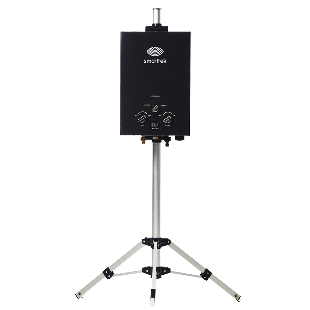 Smarttek Black 4.3LPM portable hot water system mounted on a tripod stand.