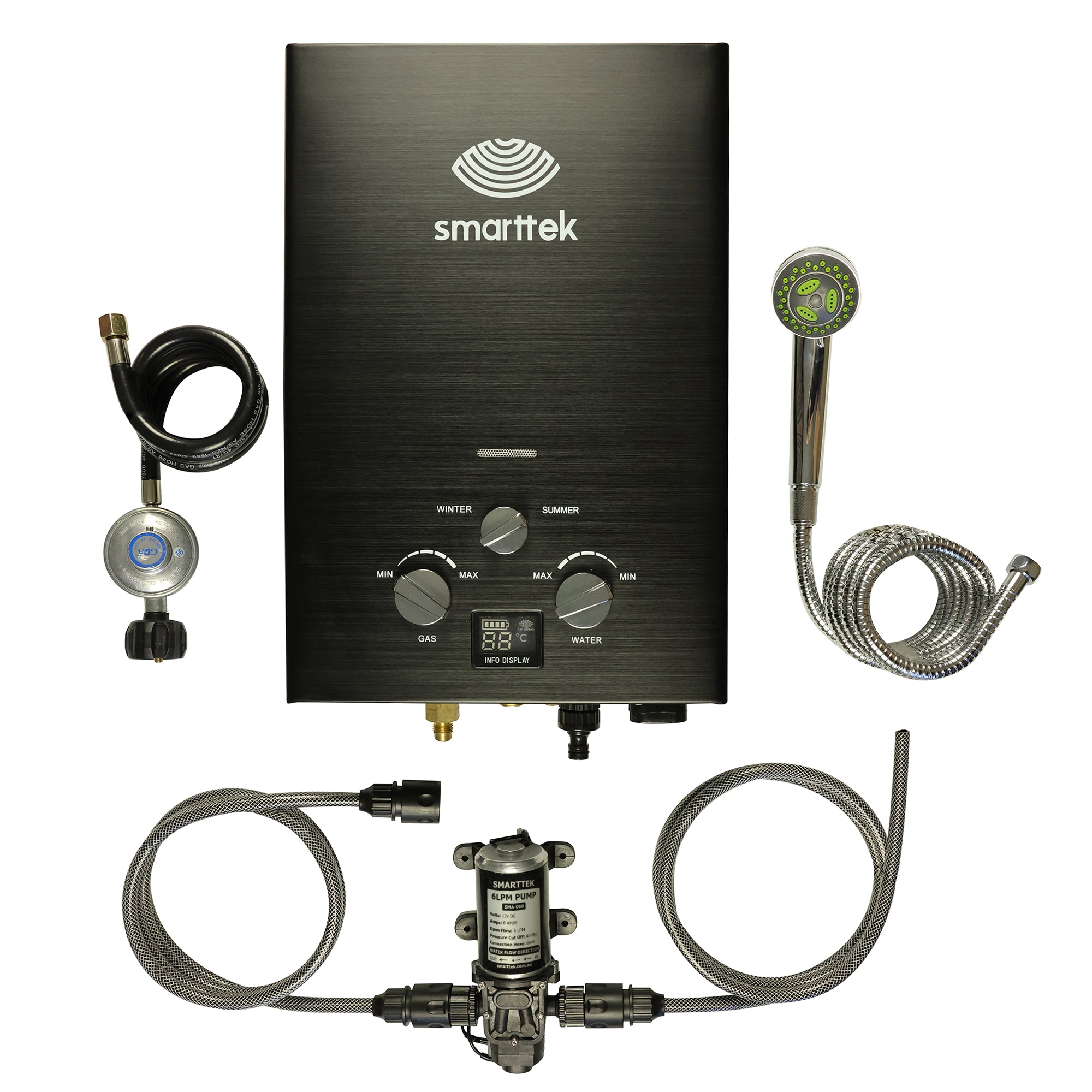 Smarttek Black 6LPM portable hot water system with included shower rose, pump, hoses, and accessories.