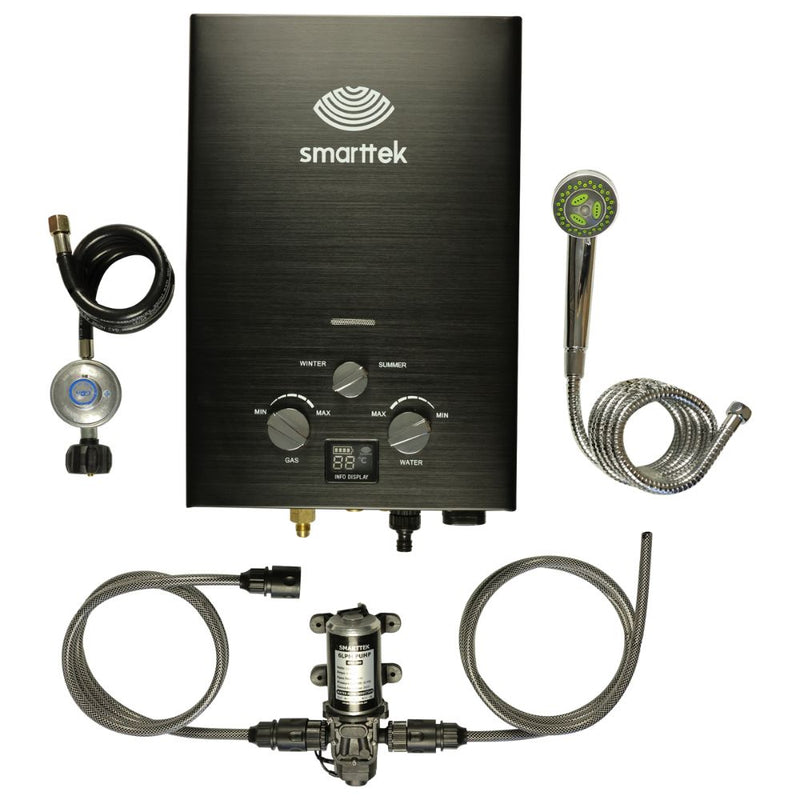 Smarttek Black 6LPM portable hot water system shown with shower rose, pump, hoses, and fittings.