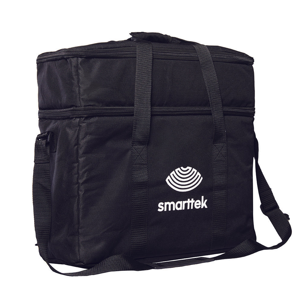 Smarttek Black carry bag showing padded construction, carry straps, and zippered compartments.