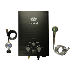 Smarttek Black hot water unit with shower rose, shower hose, and gas regulator.
