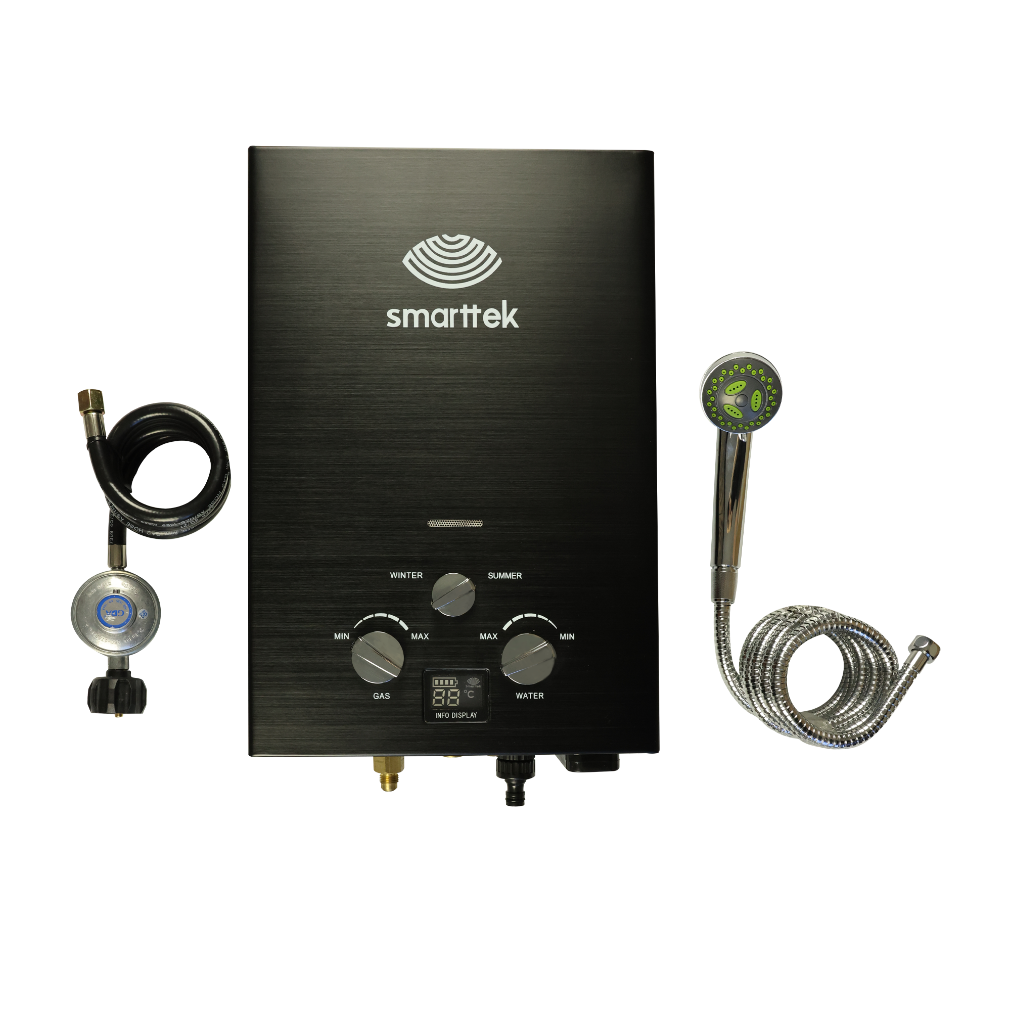 Smarttek Black hot water unit with shower rose, shower hose, and gas regulator.