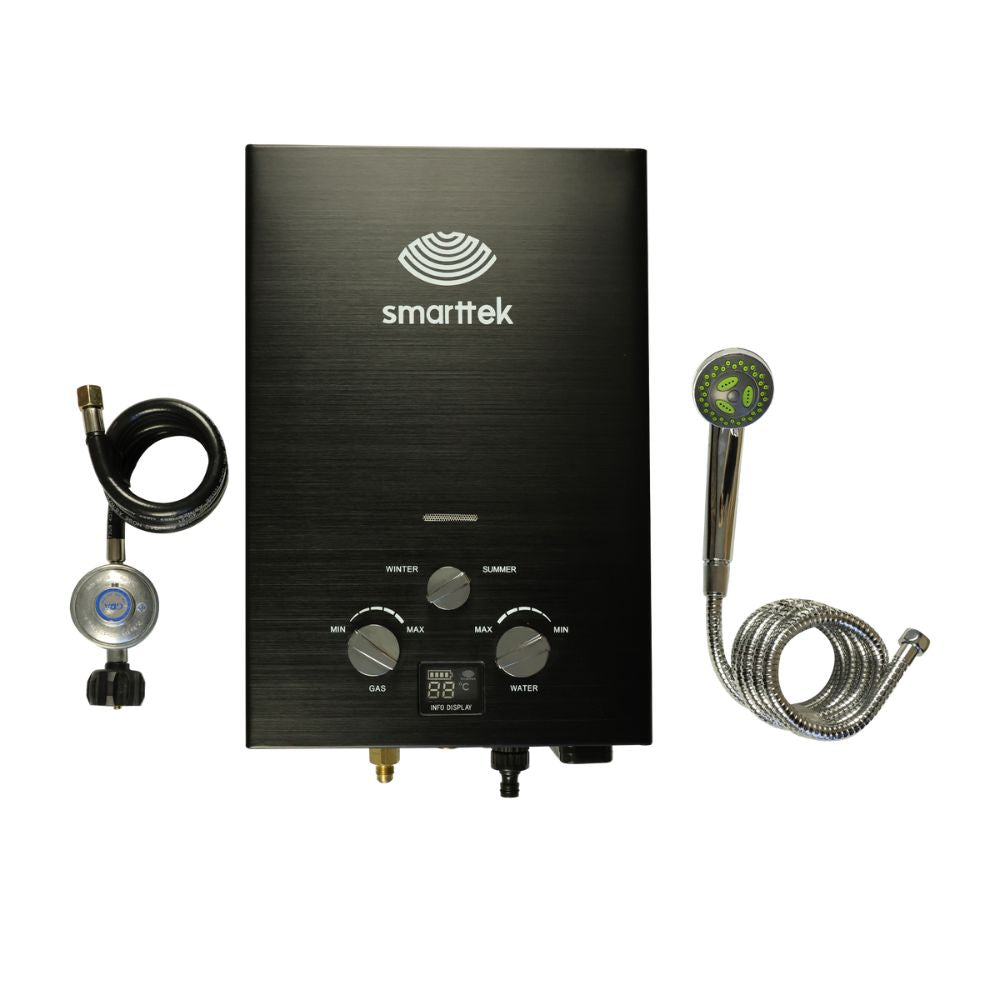 Smarttek Black hot water unit shown with shower rose, shower hose, and gas regulator.