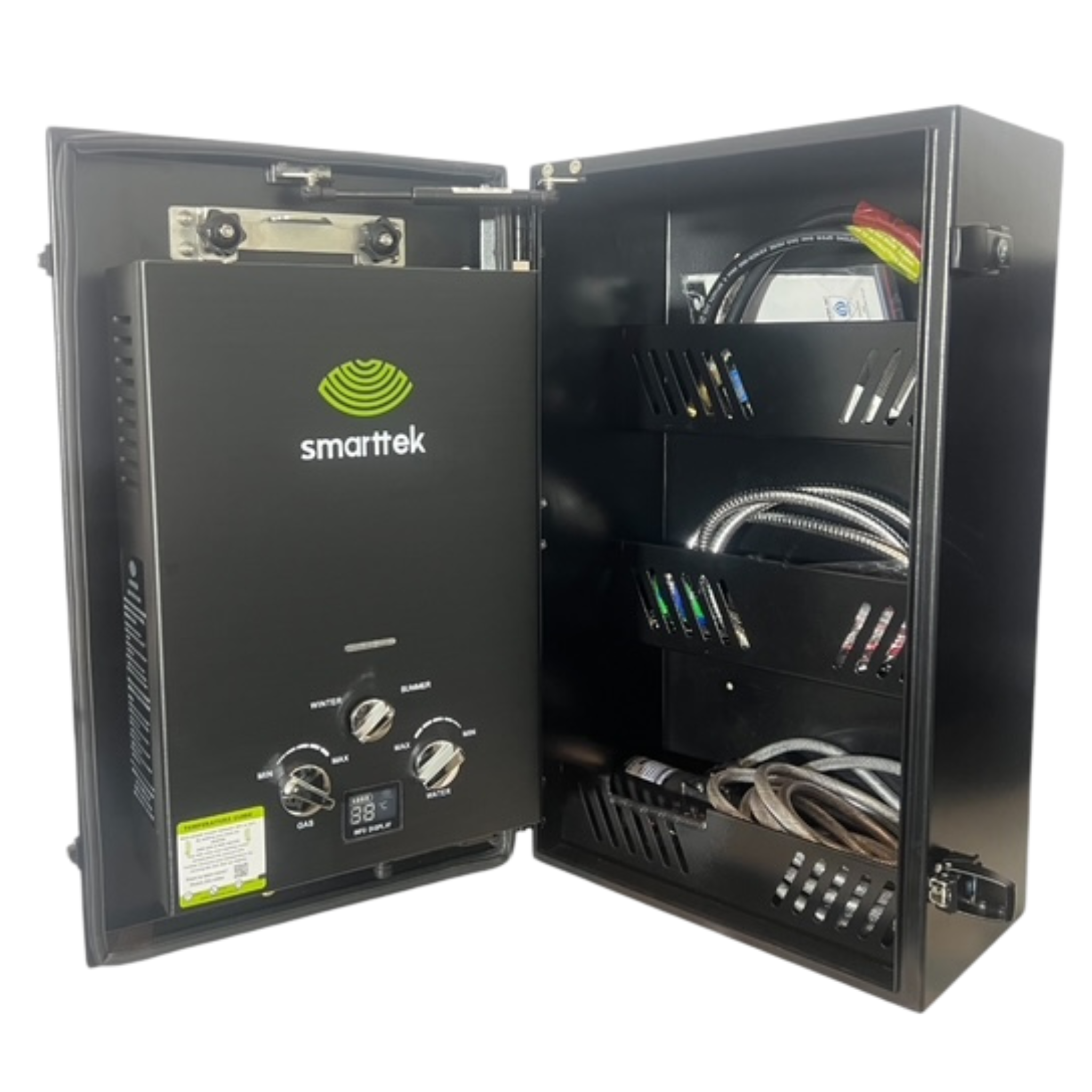 Smarttek Black hot water unit installed inside a large cabinet enclosure.
