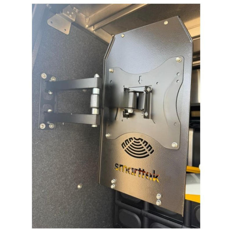 Smarttek Black swing arm bracket showing internal mounting plate and hinge mechanism.