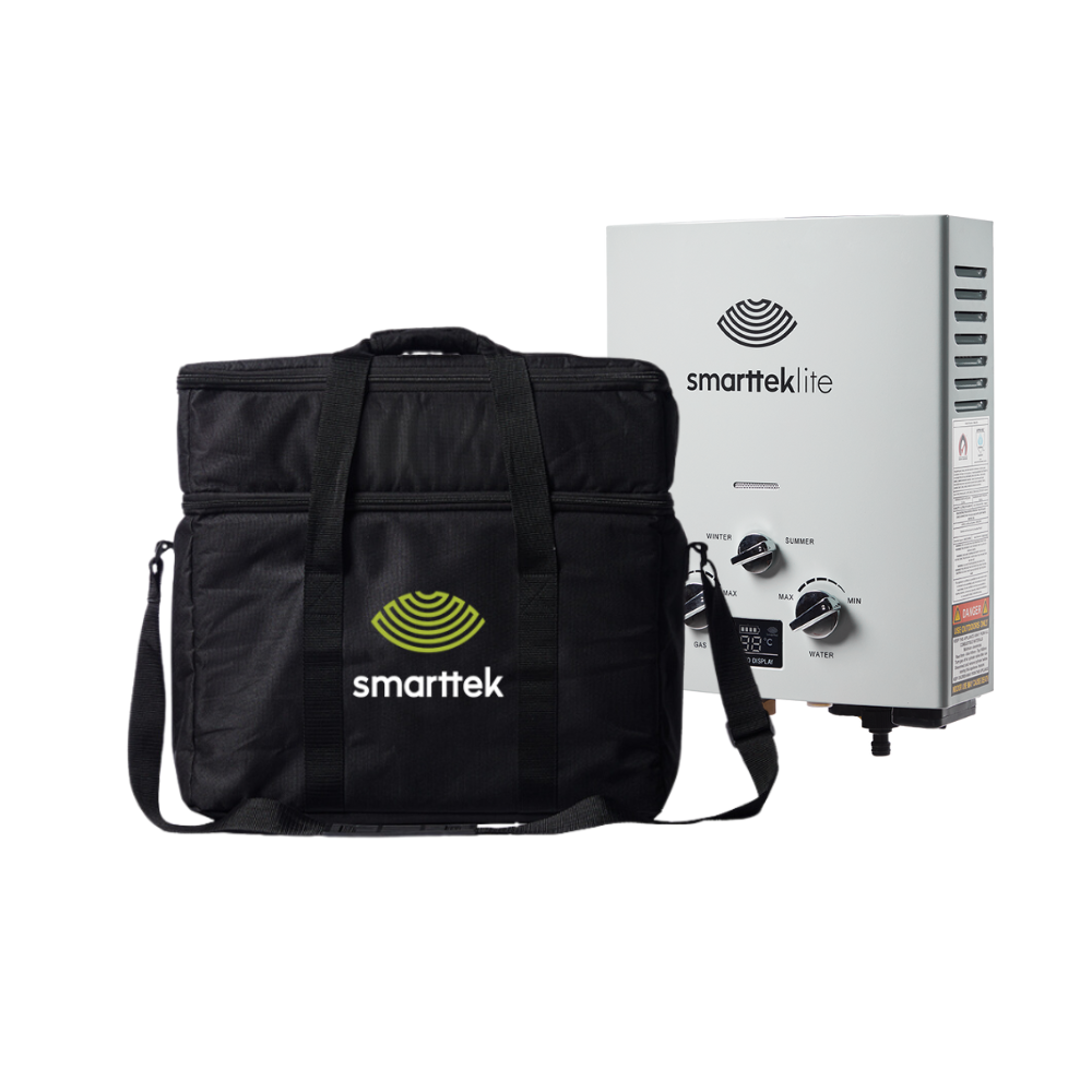 Smarttek Lite small carry bag shown with a Smarttek Lite hot water system.