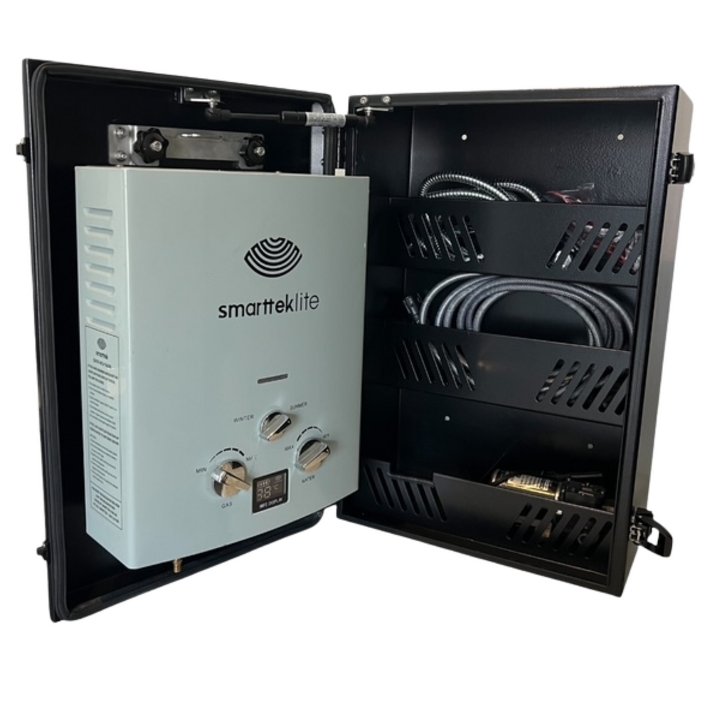 Smarttek Lite hot water unit installed inside a small cabinet enclosure.