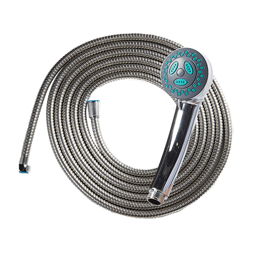 Smarttek premium 5 metre shower hose with twist shower rose, shown coiled.