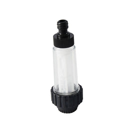 Close-up view of the Smarttek water filter with clear housing and threaded connections.