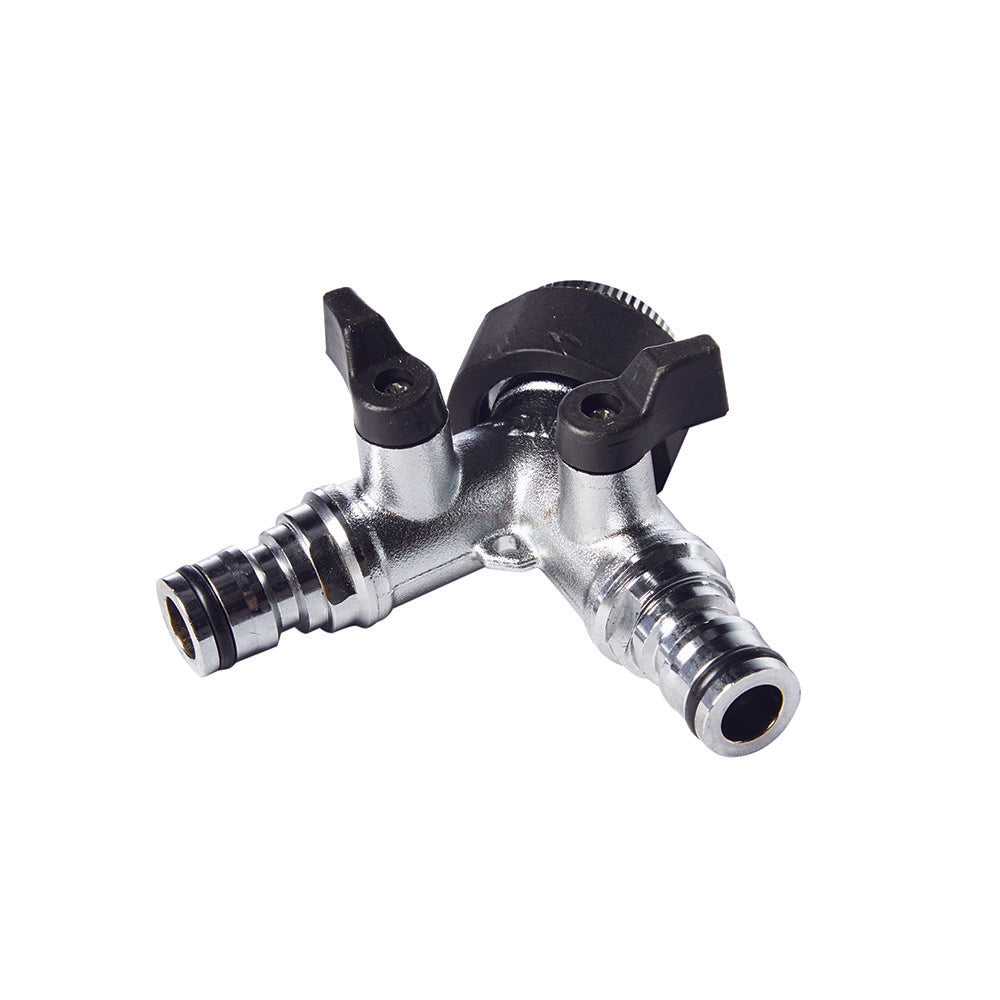 Smarttek water T-piece with dual outlets and hose quick connect fittings.