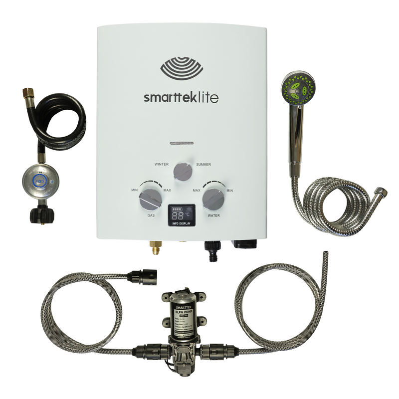 Smarttek Lite portable hot water system with 6LPM pump pack, shower hose, gas regulator, and accessories