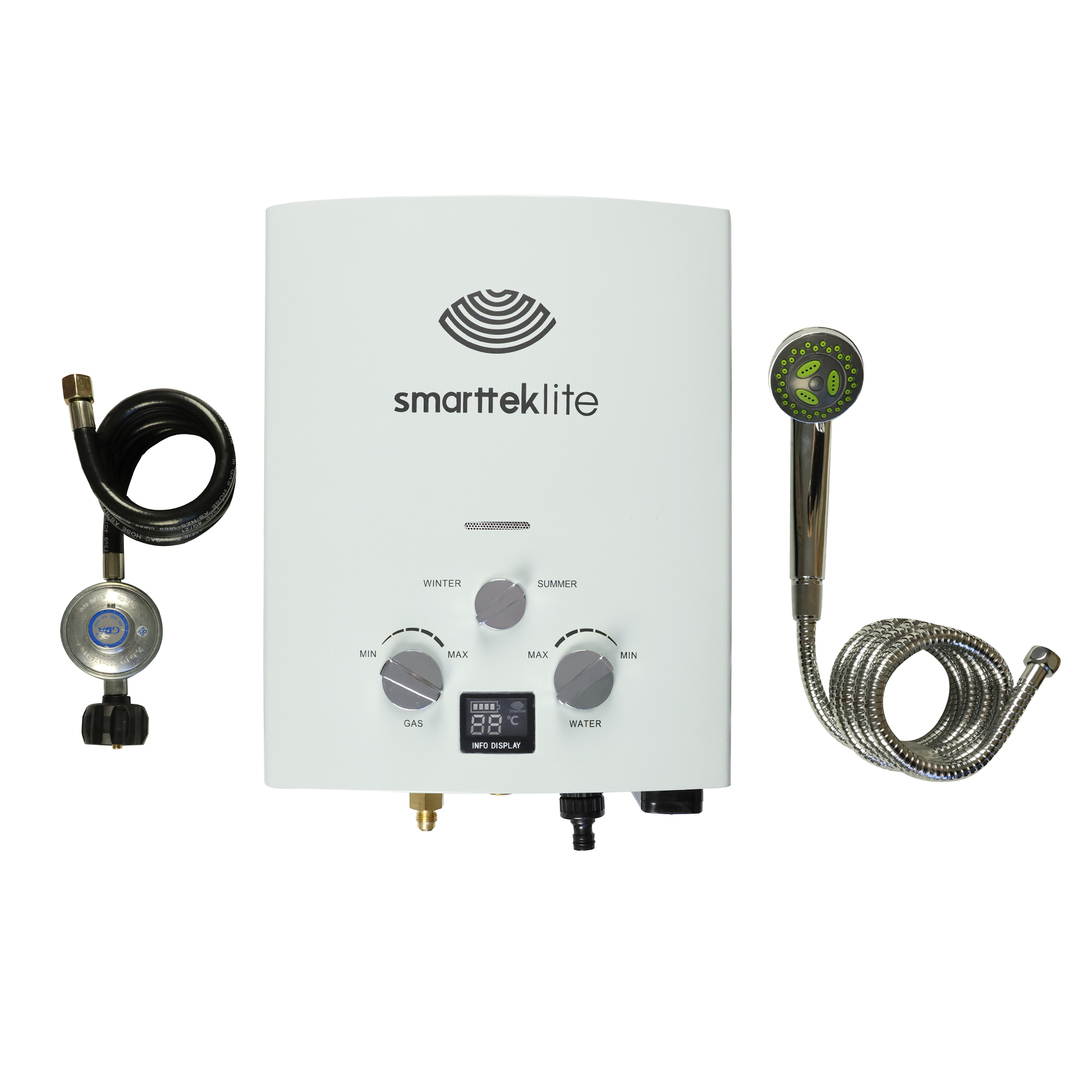 Smarttek Lite hot water system showing included gas regulator, shower rose, and hoses