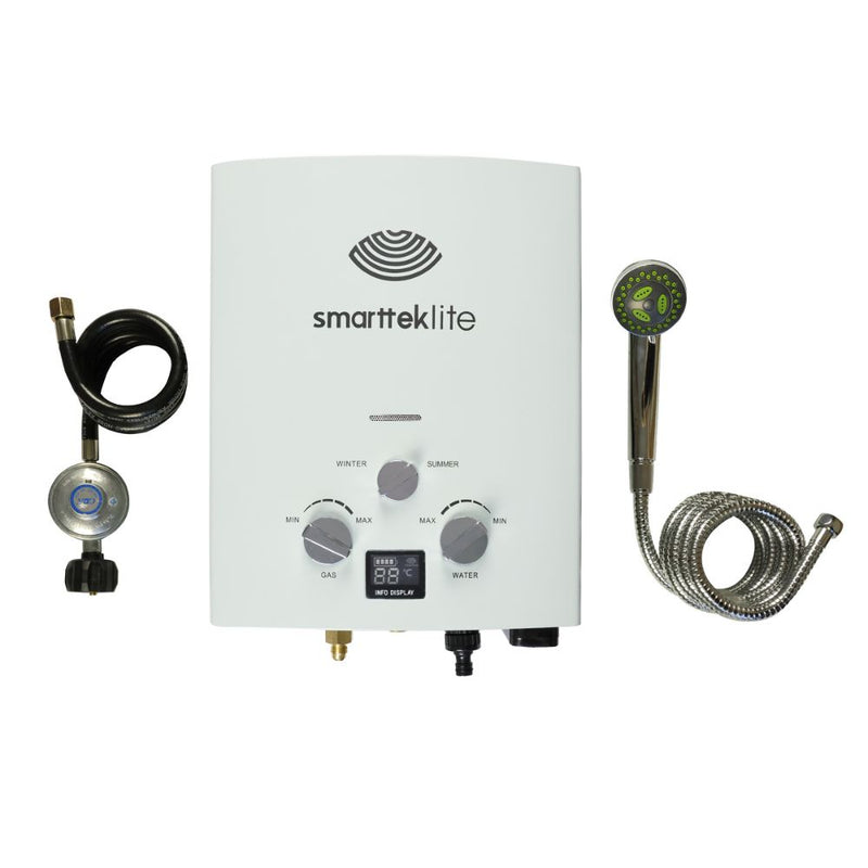 Smarttek Lite portable hot water system complete kit with gas regulator, shower rose, and hose