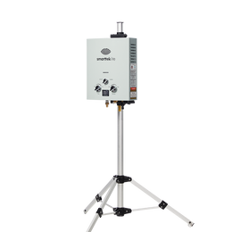 Smarttek Lite hot water system mounted on tripod stand for portable outdoor use