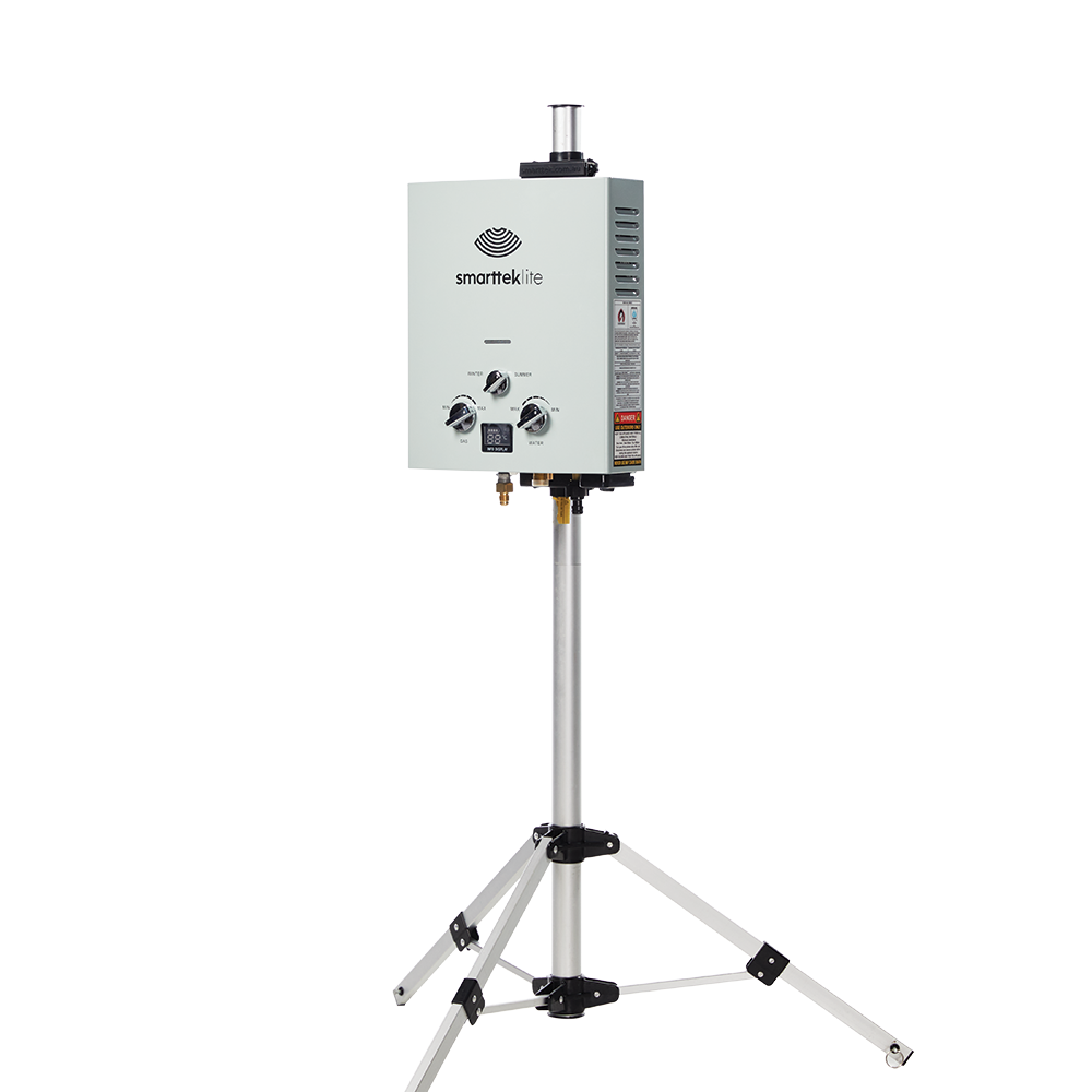 Smarttek Lite hot water system mounted on tripod stand for outdoor use