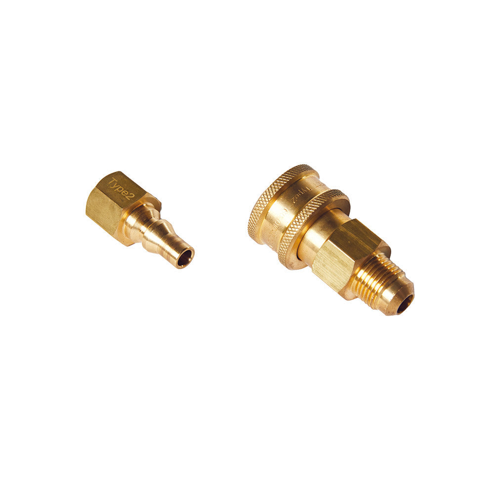 Smarttek LPG quick connect adapter set showing the male and female brass fittings separated.