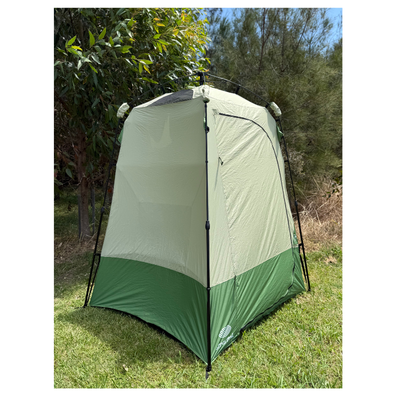Smarttek Single Ensuite Shower Tent closed outdoor view showing zipped panels and sturdy frame