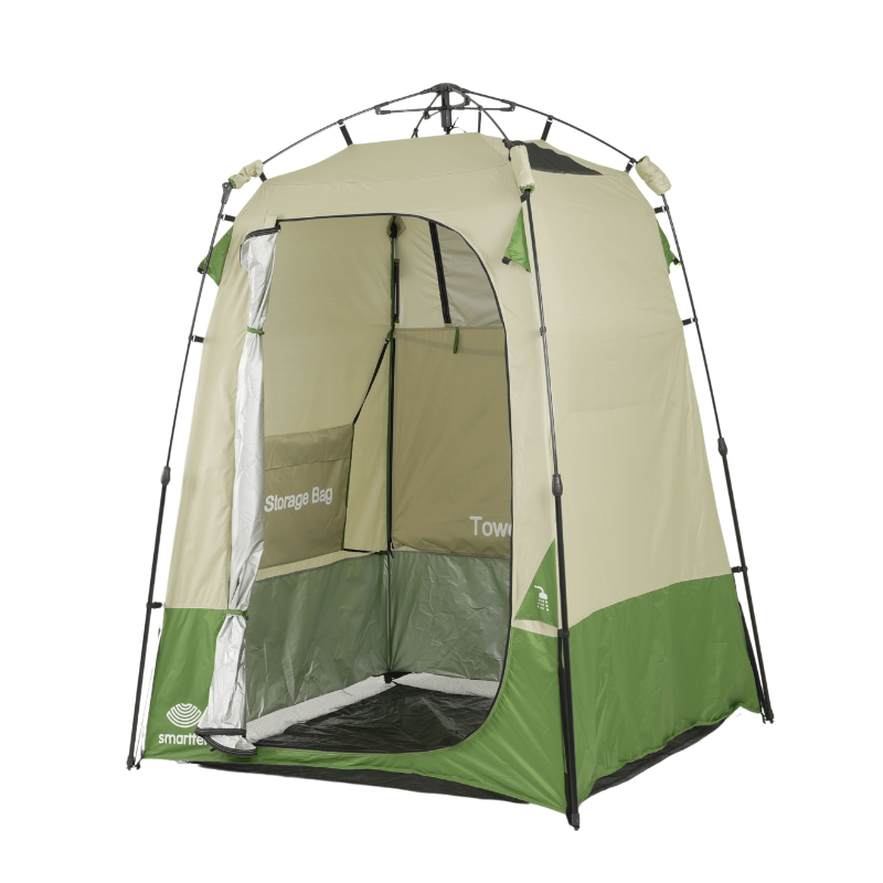 Smarttek Single Ensuite Shower Tent open view showing interior storage pocket and towel holder
