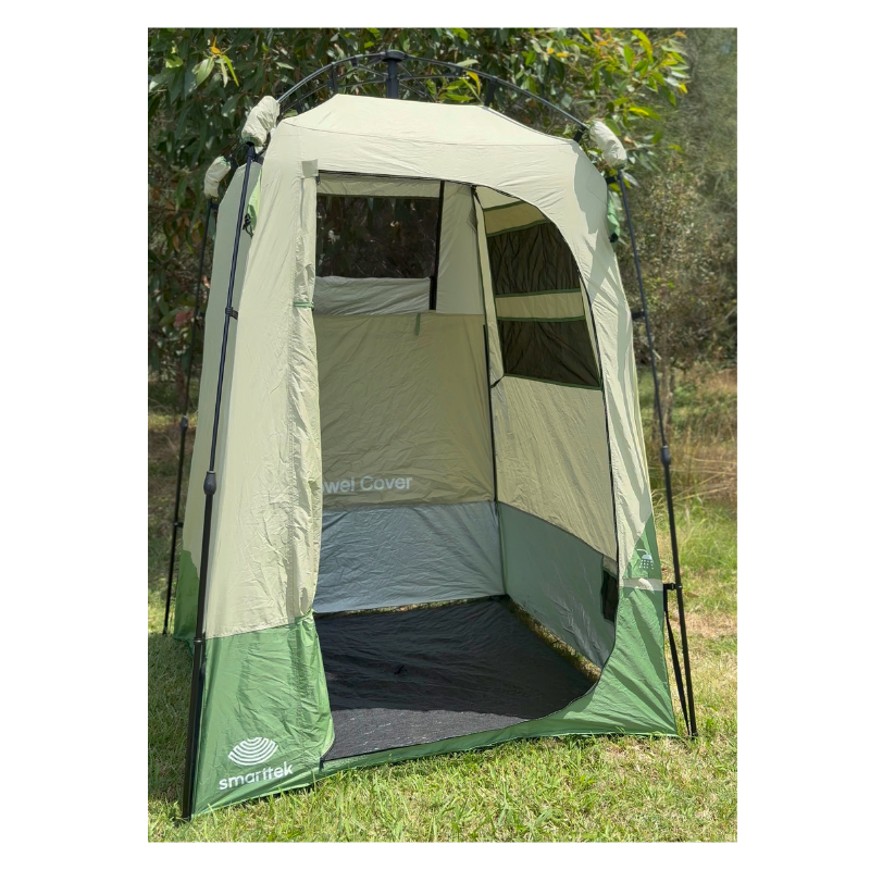 Smarttek Single Ensuite Shower Tent angled outdoor view showing towel cover and ventilation panels