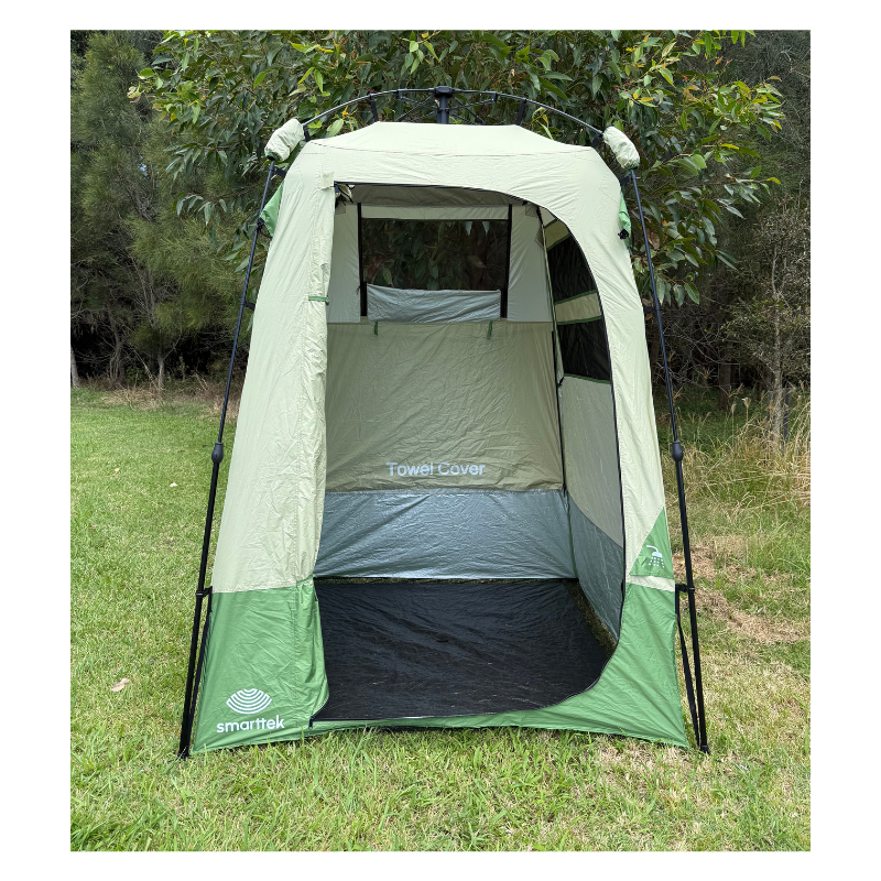 Smarttek Single Ensuite Shower Tent set up outdoors showing towel cover and mesh ventilation window